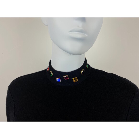 VTG Black Dress Multicolored Rhinestone Mock Neck Stretch Long Sleeve 80s 90s - Picture 7 of 8